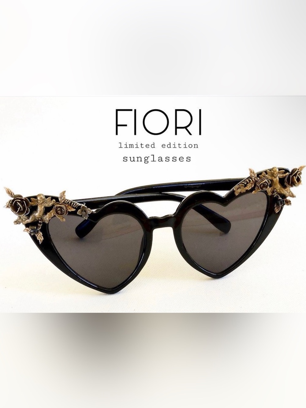 Fiori Black Heart-Shaped Sunglasses with Gold Floral Accents